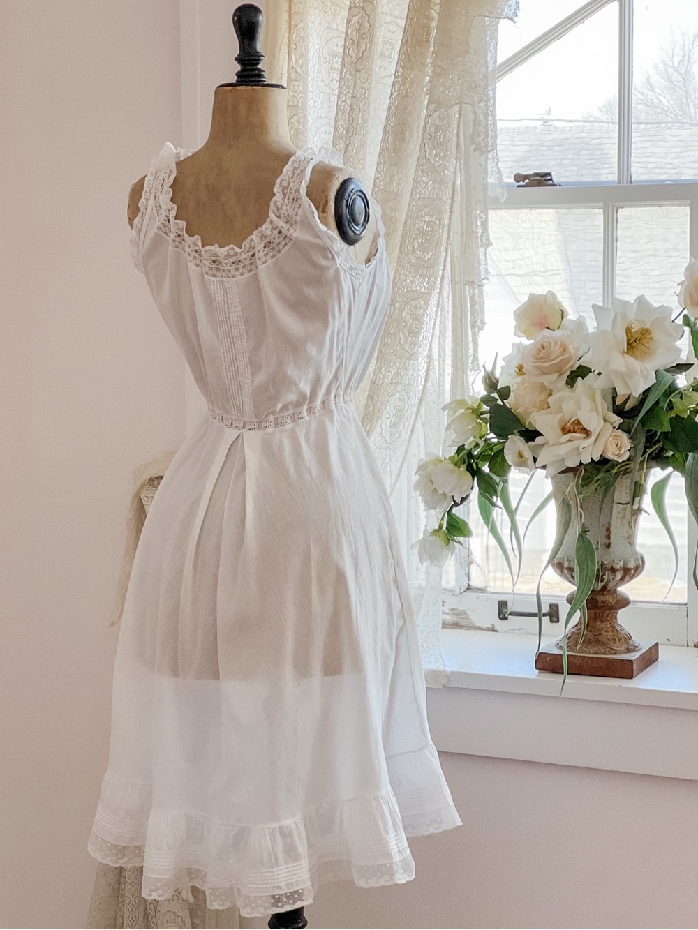 Edwardian White Lace Underdress with Pink Silk Ribbon Size XS - Picture 10 of 15